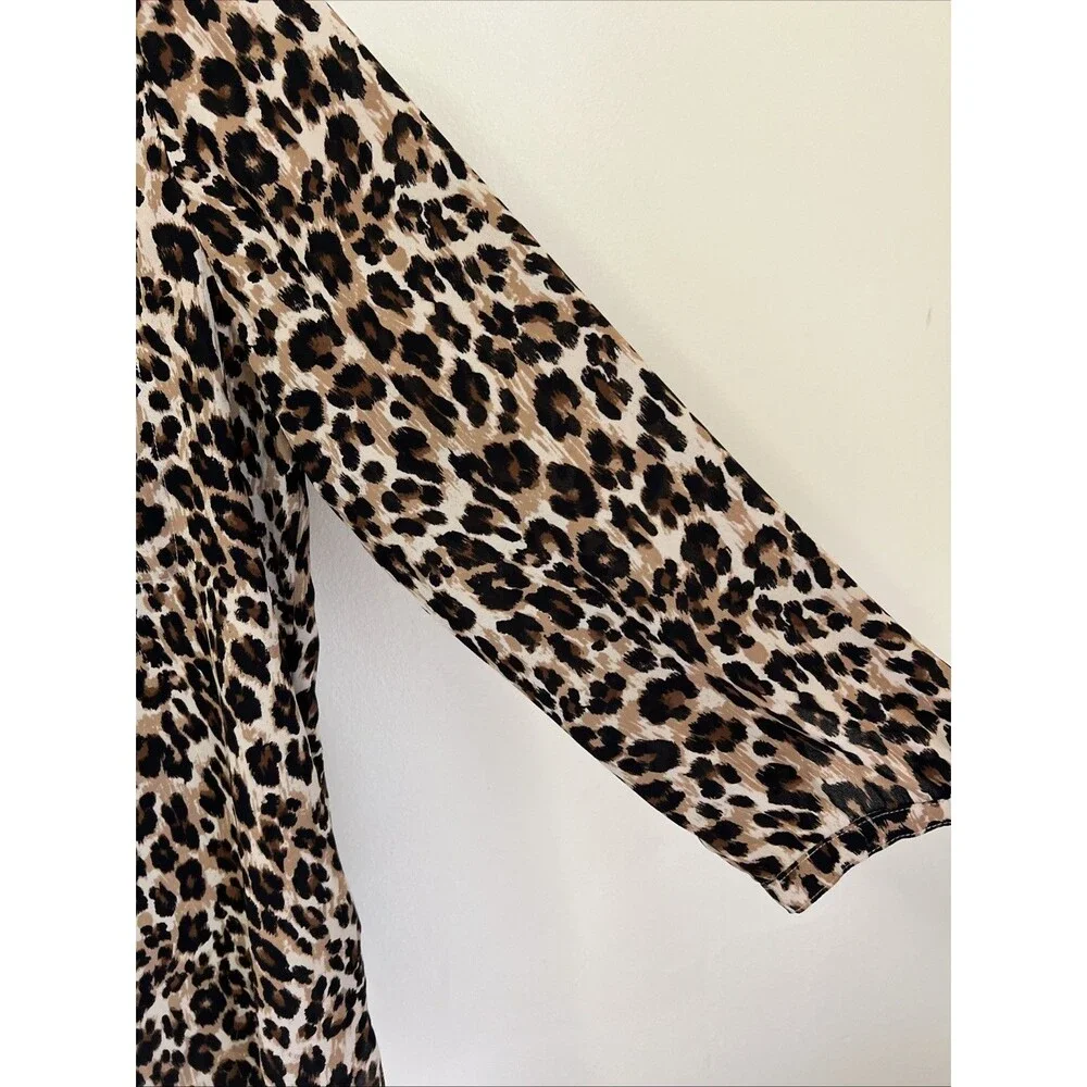 NYDJ Black Brown Leopard Print Henley Pleat Back 3/4 Sleeve Tunic Blouse Size Sm - Picture 6 of 6